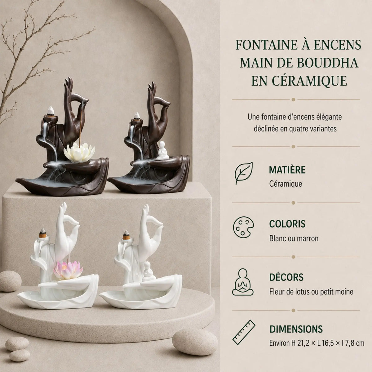 Quatre fontaines à encens Main de Bouddha en céramique blanche ou marron, décorées d’une fleur de lotus ou d’un petit moine.