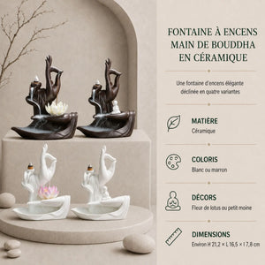 Quatre fontaines à encens Main de Bouddha en céramique blanche ou marron, décorées d’une fleur de lotus ou d’un petit moine.