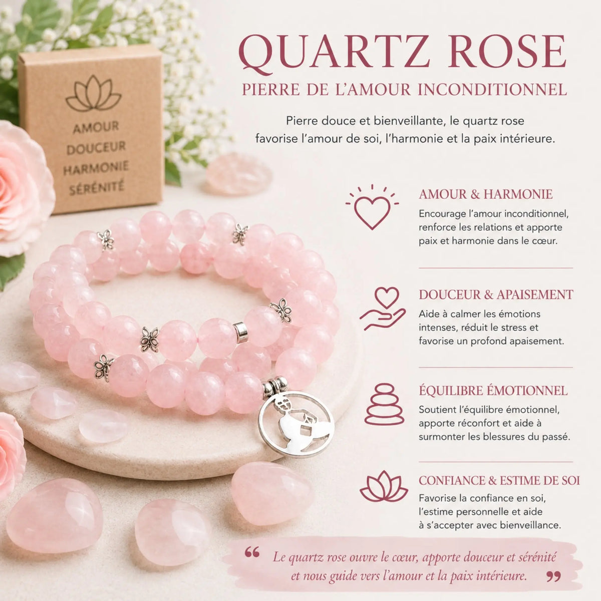 Mala 108 perles en quartz rose naturel – Fabrication française – Bouddha Mala Tibétain La Maison de Bouddha