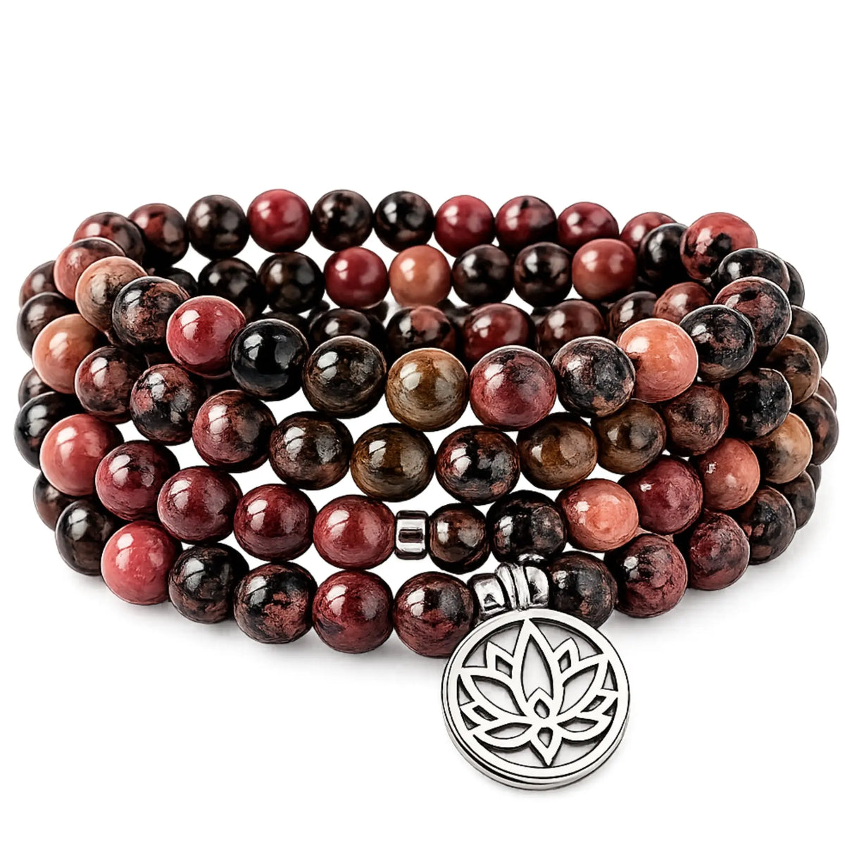 Mala Rhodonite Naturelle 108 Perles – Collier Lotus en Pierre Naturelle pour Yoga & Méditation Mala Tibétain La Maison de Bouddha