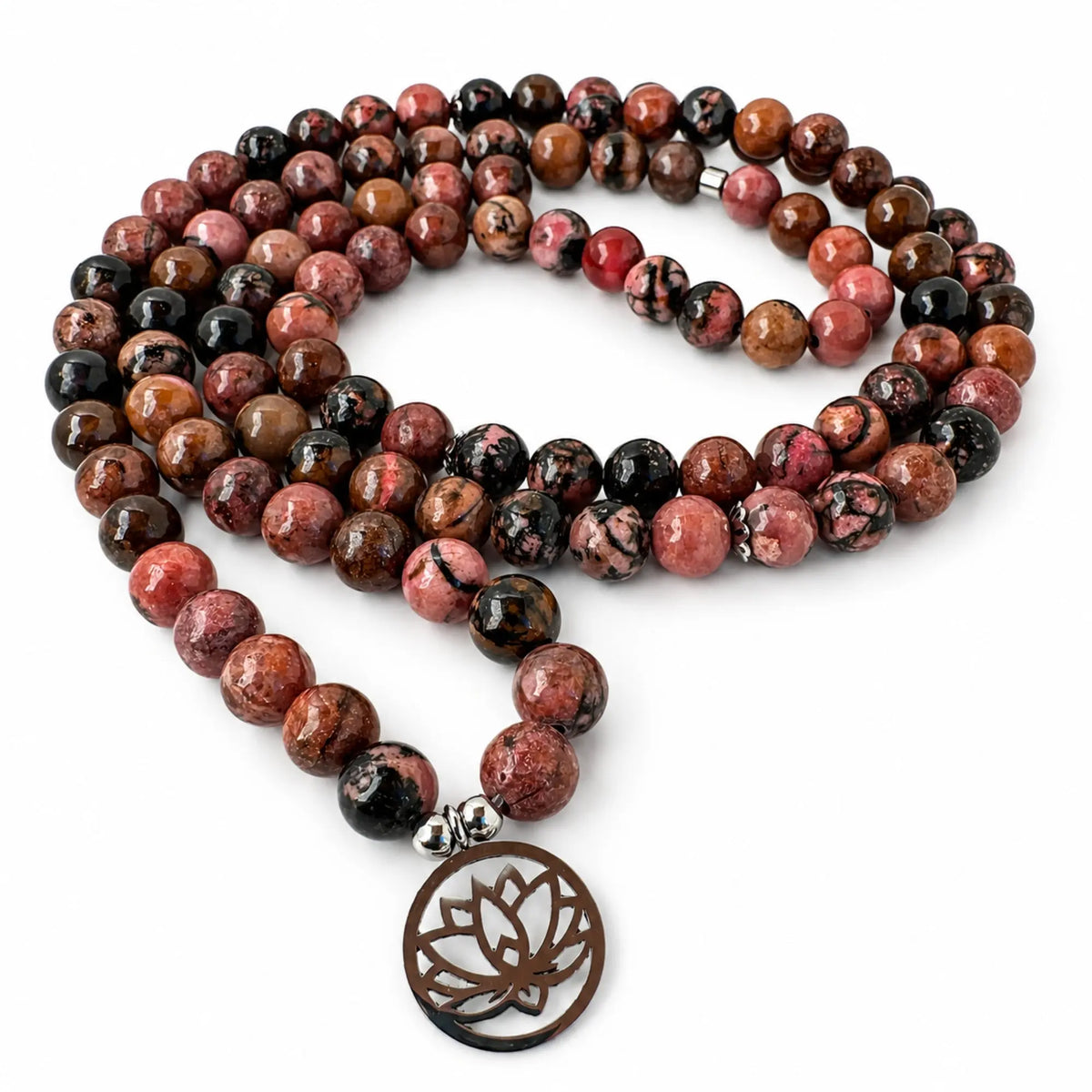Mala Rhodonite Naturelle 108 Perles – Collier Lotus en Pierre Naturelle pour Yoga & Méditation Mala Tibétain La Maison de Bouddha
