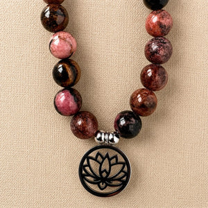 Mala Rhodonite Naturelle 108 Perles – Collier Lotus en Pierre Naturelle pour Yoga & Méditation Mala Tibétain La Maison de Bouddha