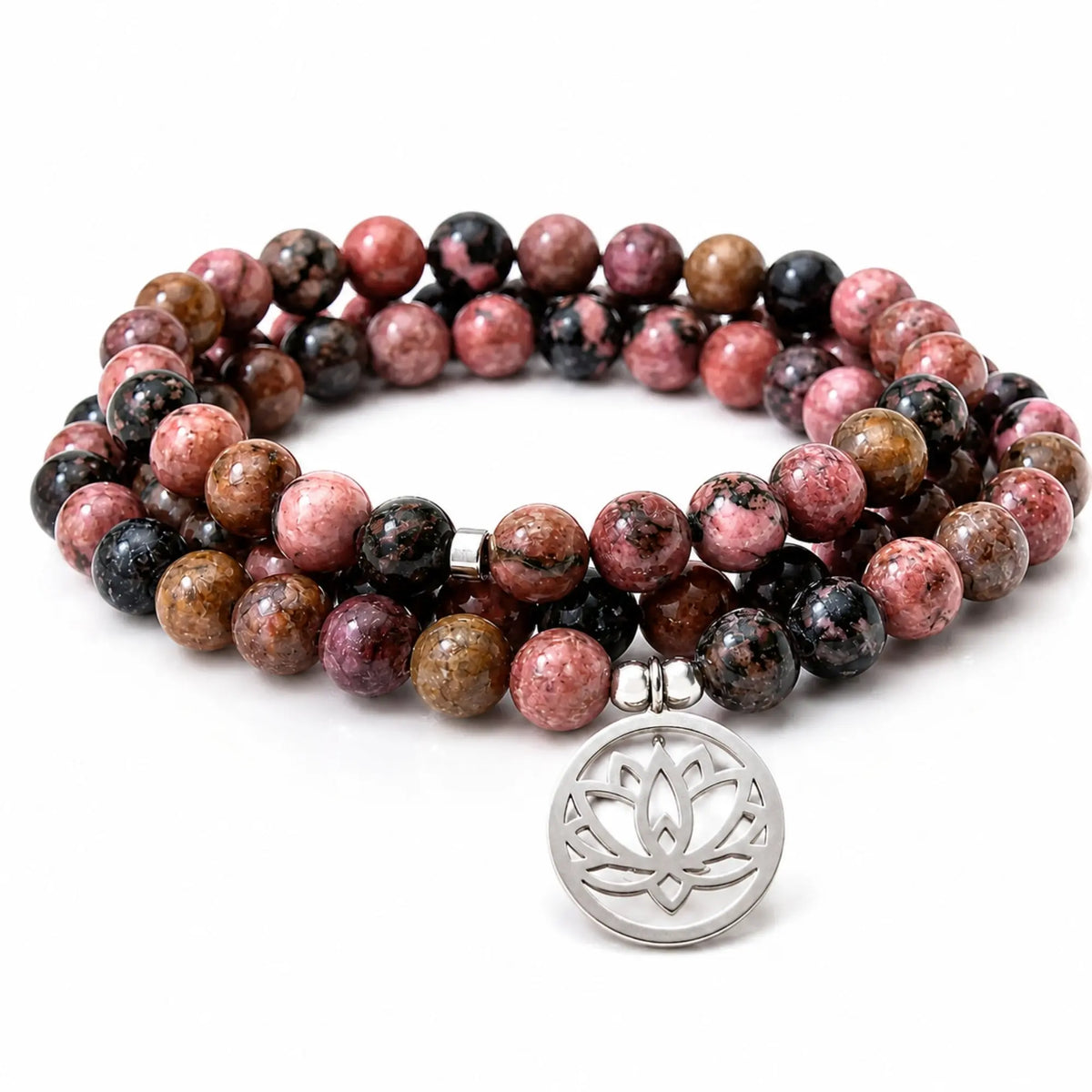 Mala Rhodonite Naturelle 108 Perles – Collier Lotus en Pierre Naturelle pour Yoga & Méditation Mala Tibétain La Maison de Bouddha