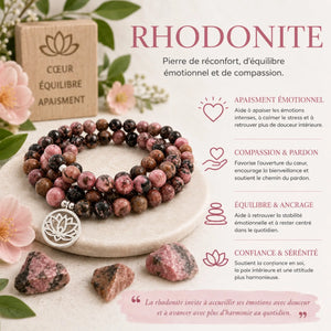 Mala Rhodonite Naturelle 108 Perles – Collier Lotus en Pierre Naturelle pour Yoga & Méditation Mala Tibétain La Maison de Bouddha