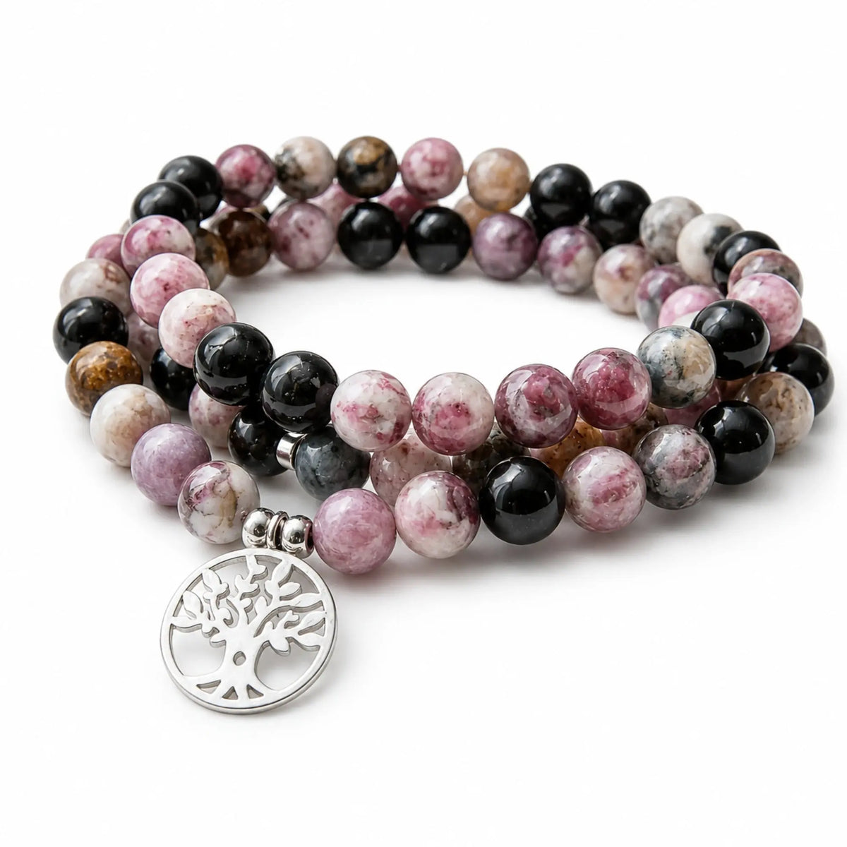 Mala Tourmaline Naturelle 108 Perles – Pendentif Arbre de Vie Mala Tibétain La Maison de Bouddha