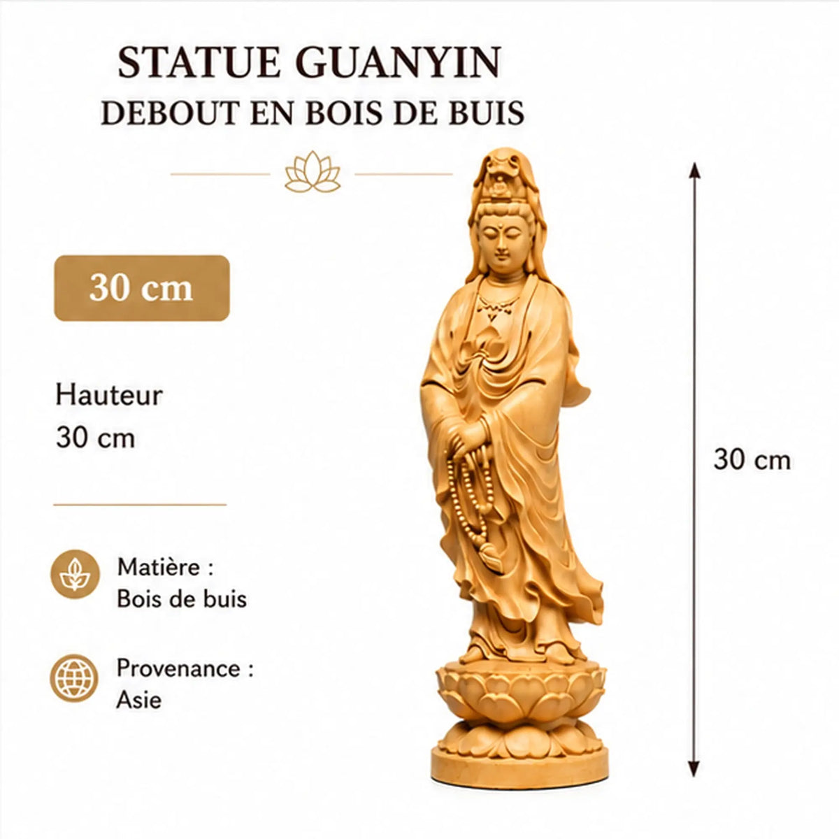 Statue Guanyin debout en bois de buis clair, modèle 30 cm
