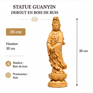 Statue Guanyin debout en bois de buis clair, modèle 30 cm
