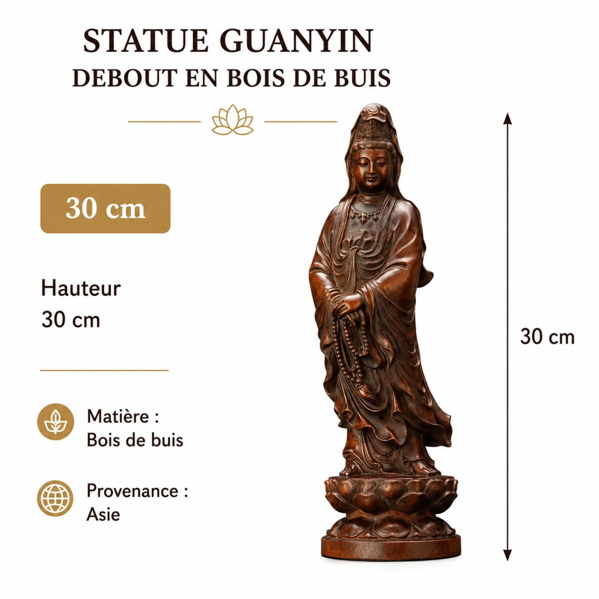 Statue Guanyin debout en bois de buis foncé, modèle 30 cm