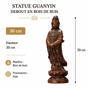 Statue Guanyin debout en bois de buis foncé, modèle 30 cm