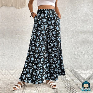 Pantalon-Fluide-Fleuri-Femme-coupe-droite-en-polyester-taille-haute-La-Maison-de-Bouddha