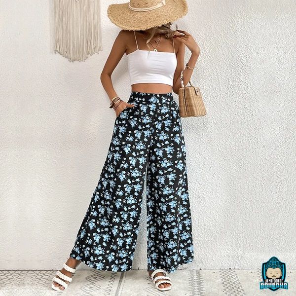 Pantalon Fluide Femme été - Tissu Léger, Taille Haute élastique, Poches - Coupe Large, Confort Yoga Et Détente - 10