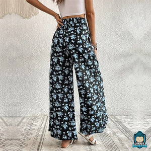 Pantalon-Fluide-Fleuri-Femme-en-polyester-taille-haute-fermeture-eclair-La-Maison-de-Bouddha