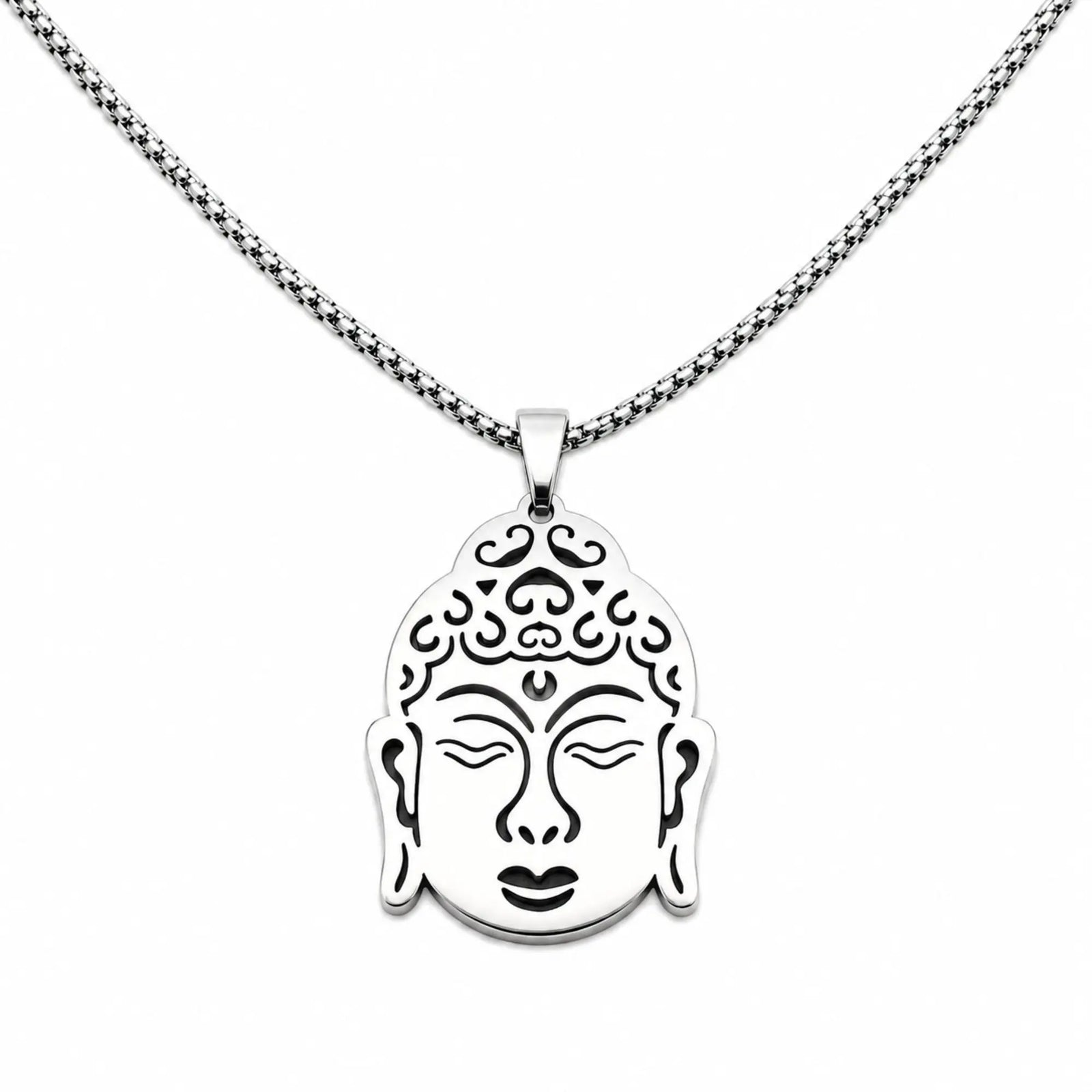 Collier Bouddha argenté en acier inoxydable avec pendentif visage Bouddha et chaîne 60 cm