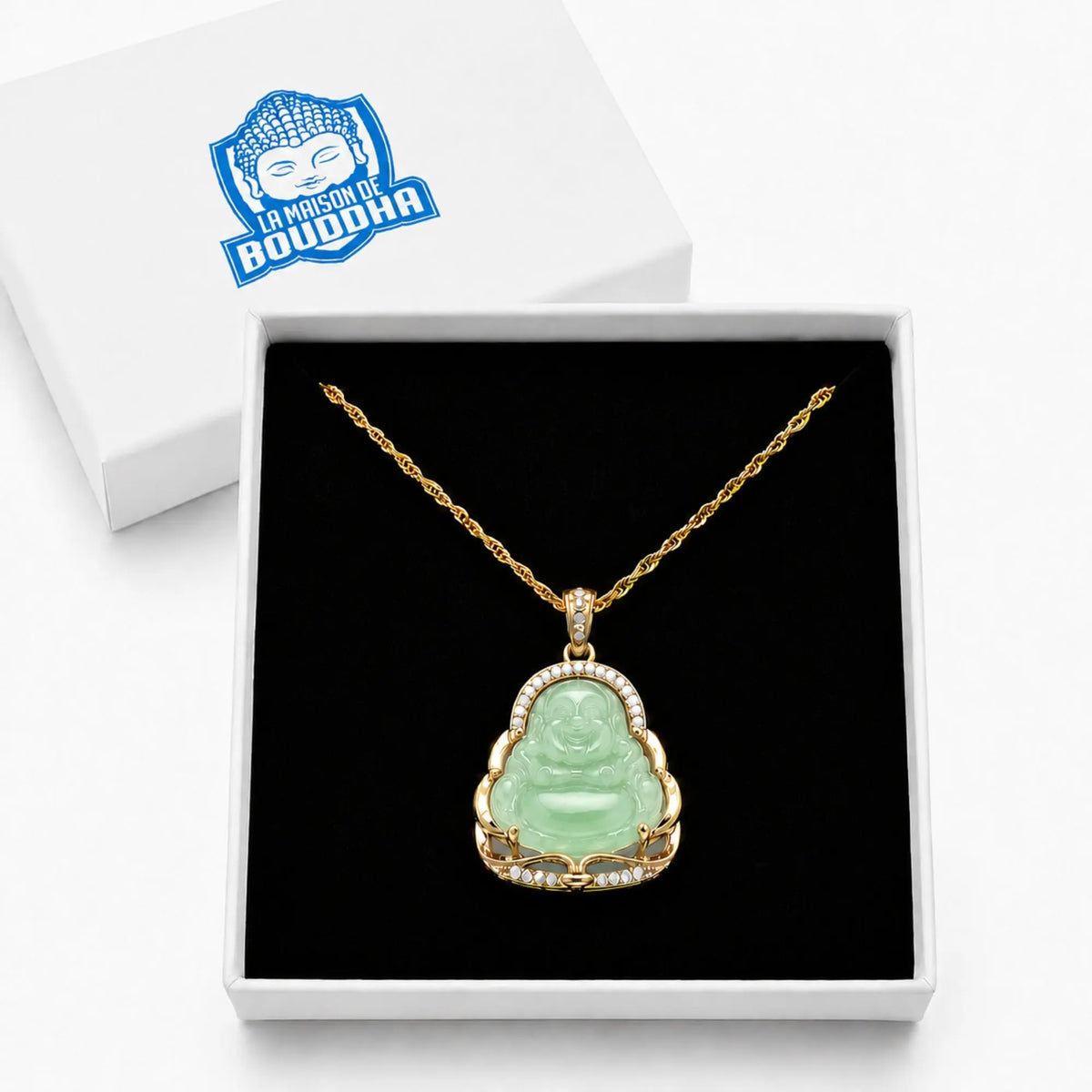 Pendentif Bouddha Chinois Jade Vert Clair et Or  La Maison de Bouddha