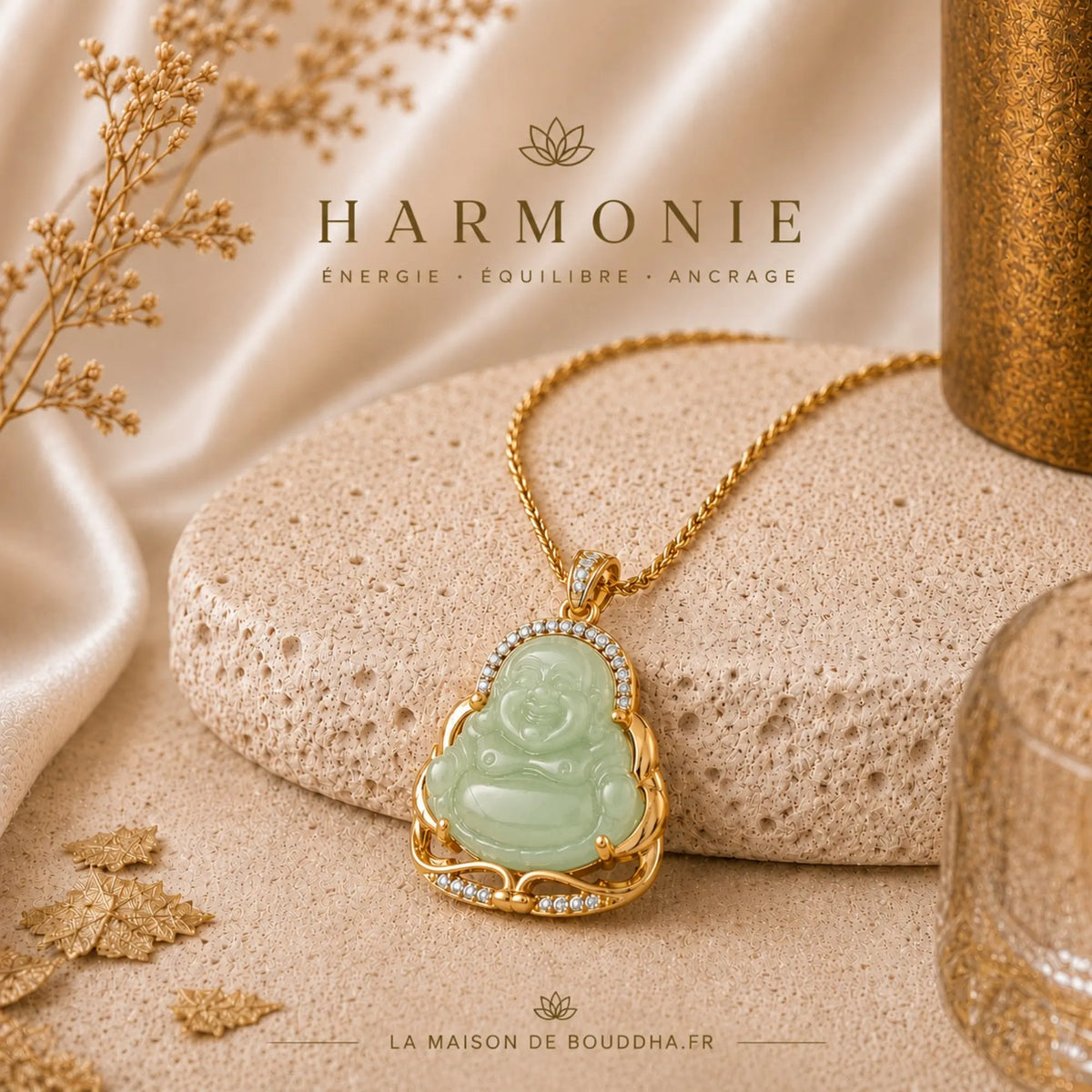 Pendentif Bouddha Chinois Jade Vert Clair et Or  La Maison de Bouddha