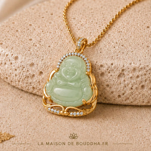 Pendentif Bouddha Chinois Jade Vert Clair et Or  La Maison de Bouddha