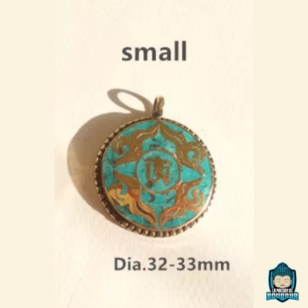 Pendentif-Om-Tibetain-Turquoise-et-Or-en-alliage-de-cuivre-et-laiton-poudre-de-pierre-turquoise-origine-du-Népal-petit-modèle-diamètre-32-33-grammes-La-Maison-de-Bouddha