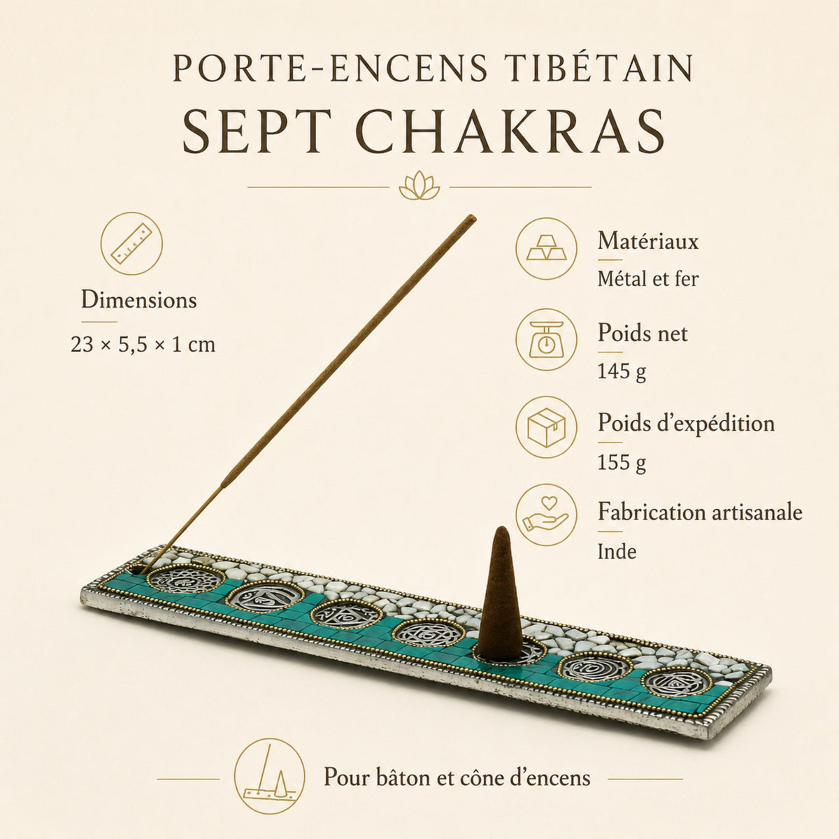 Dimensions et caractéristiques du porte-encens 7 chakras tibétain en métal de 23 cm