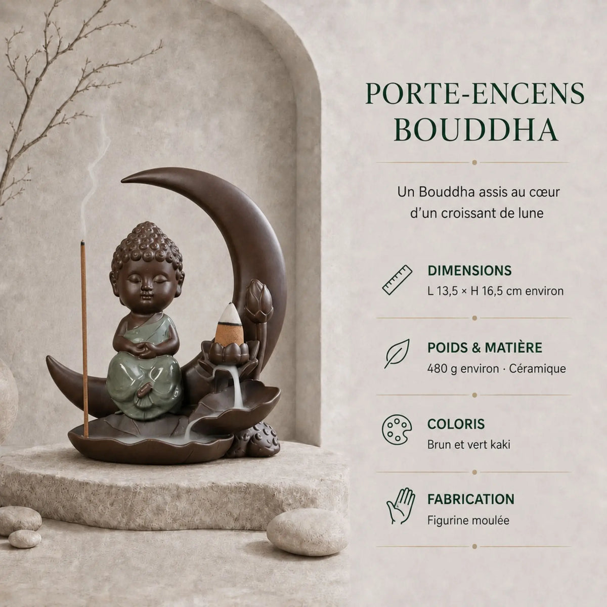 Porte-encens Bouddha en céramique brun et vert kaki, assis dans un croissant de lune avec bâton et cône d’encens fumants.