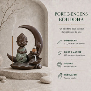 Porte-encens Bouddha en céramique brun et vert kaki, assis dans un croissant de lune avec bâton et cône d’encens fumants.