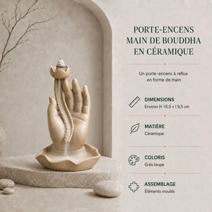 Porte-encens Main de Bouddha en céramique grès taupe, avec support en lotus et cascade de fumée à reflux.