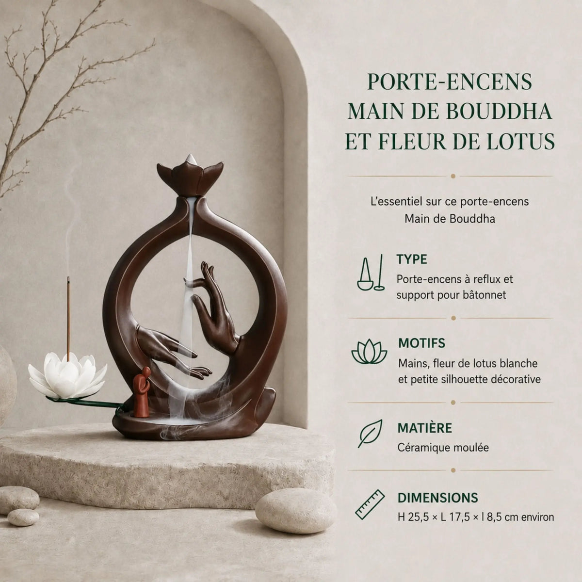 Porte-Encens Main de Bouddha et Fleur de Lotus – 25,5 cm - La Maison de Bouddha