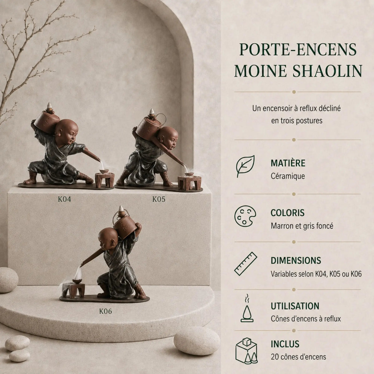 Trois porte-encens moines Shaolin en céramique marron et gris foncé, modèles K04, K05 et K06, présentés avec leur effet de fumée à reflux.