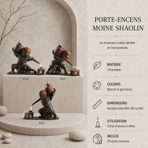Trois porte-encens moines Shaolin en céramique marron et gris foncé, modèles K04, K05 et K06, présentés avec leur effet de fumée à reflux.