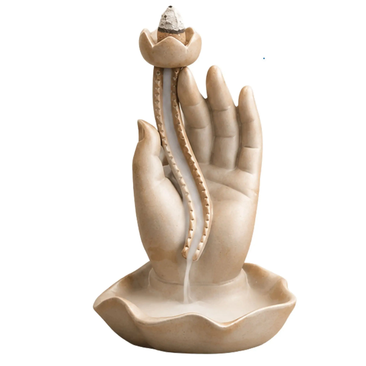Porte-Encens-Main-de-Bouddha-en-céramique-dimension-hauteur-16-cm-environ-largeur-9-cm-couleur-grès-taupe-La-Maison-de-Bouddha
