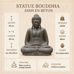 Statue Bouddha Assis Brun Antique en Béton – 42 cm  La Maison de Bouddha