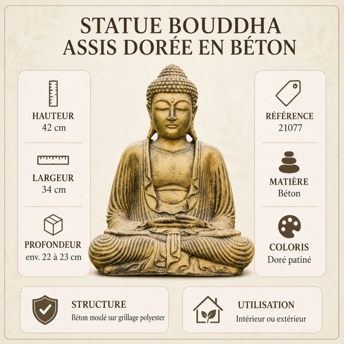 Statue Bouddha Assis Dorée en Béton – 42 cm  La Maison de Bouddha