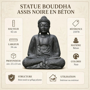 Statue Bouddha Assis Noire en Béton – 42 cm  La Maison de Bouddha