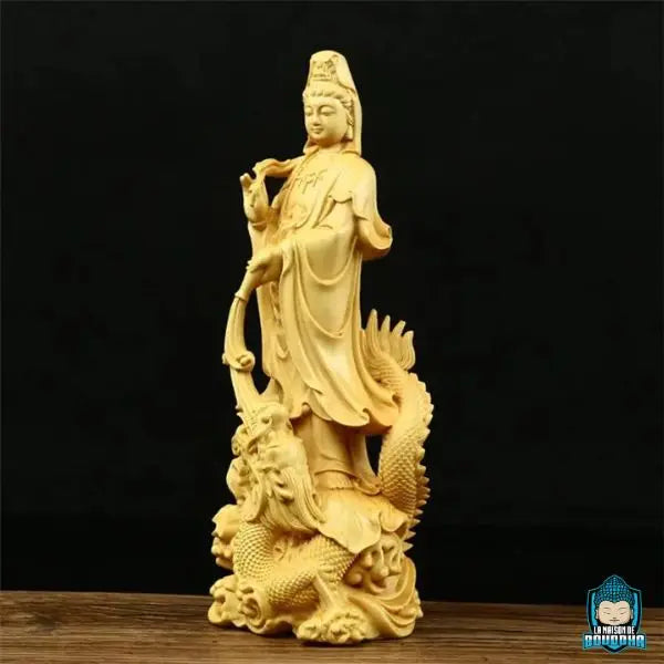 Statue Bouddha Dragon Guanyin en Bois de Buis Jaune
