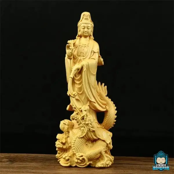 Statue Bouddha Dragon Guanyin en Bois de Buis Jaune