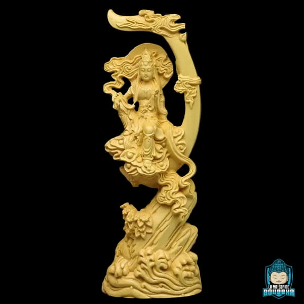 Statue-Bouddha-Guanyin-Assis-en-Bois-Massif-photo-vue-de-face-La-Maison-de-Bouddha