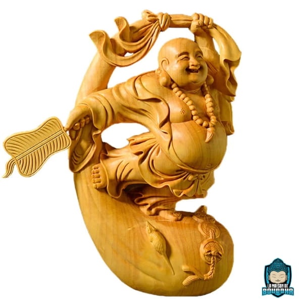 Statue-Bouddha-Rieur-Budai-en-Bois-de-Buis-Chance-et-Prosperite-photo-de-coté-La-Maison-de-Bouddha