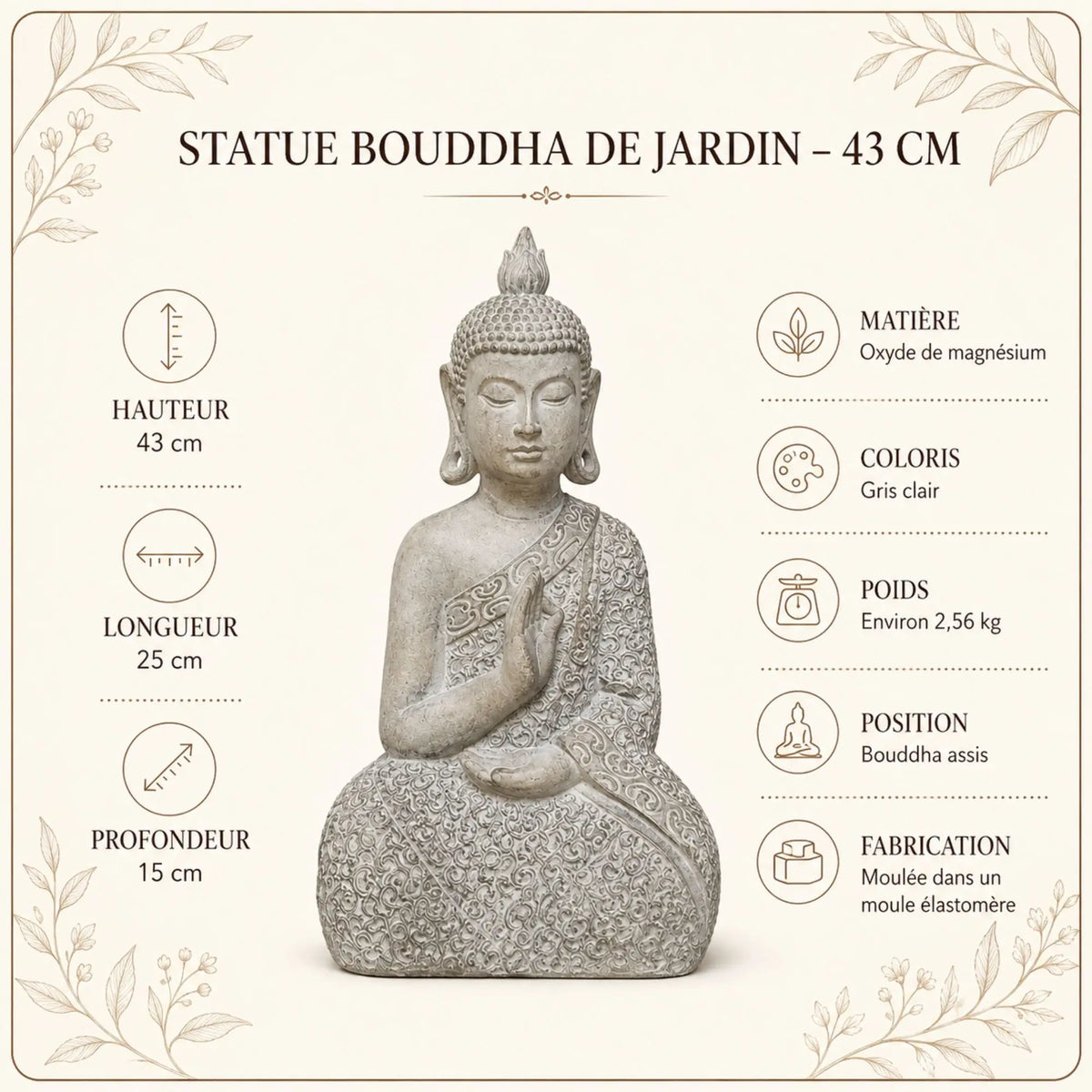 Statue Bouddha de Jardin en Oxyde de Magnésium – 43 cm  La Maison de Bouddha