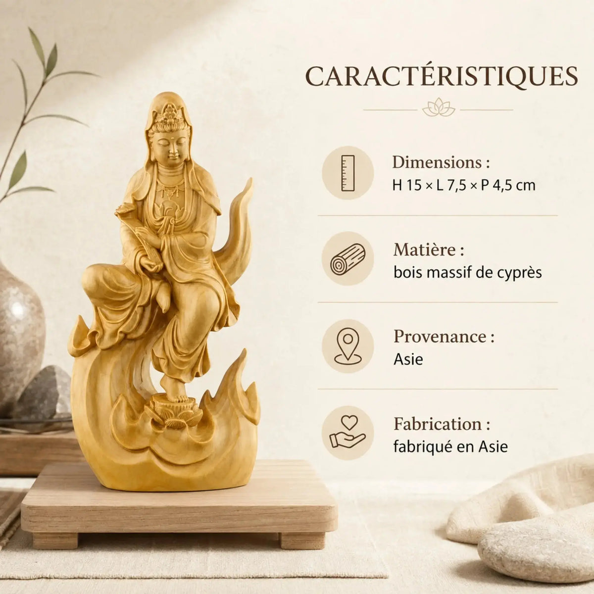 Statue Guanyin Assise en Bois de Cyprès – 15 cm Sculptures et statues La Maison de Bouddha