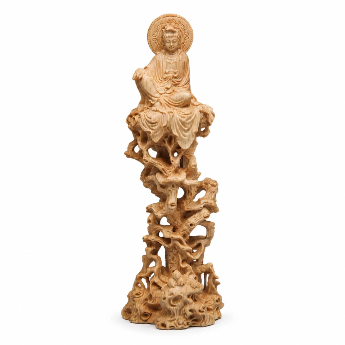 Statue Guanyin Assise sur Arbre en Buis Jaune – 20 cm 200044142 La Maison de Bouddha