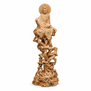 Statue Guanyin Assise sur Arbre en Buis Jaune – 20 cm 200044142 La Maison de Bouddha