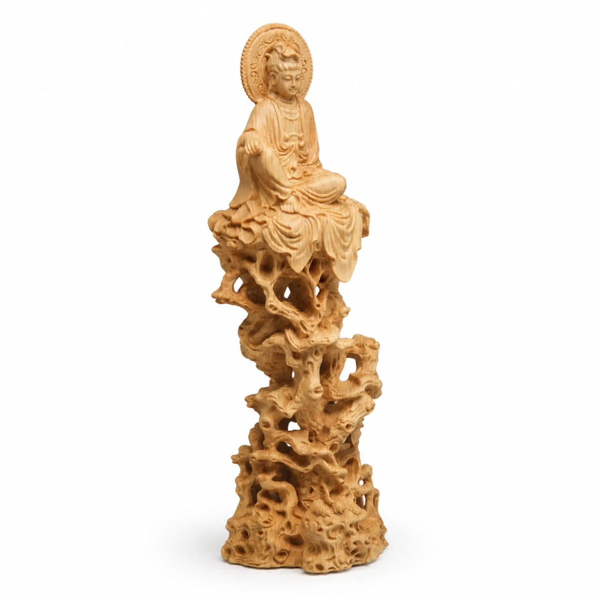 Statue Guanyin Assise sur Arbre en Buis Jaune – 20 cm 200044142 La Maison de Bouddha