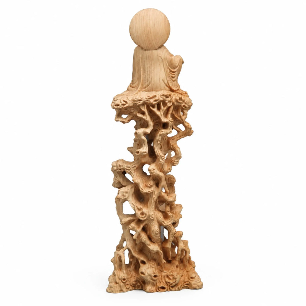 Statue Guanyin Assise sur Arbre en Buis Jaune – 20 cm 200044142 La Maison de Bouddha