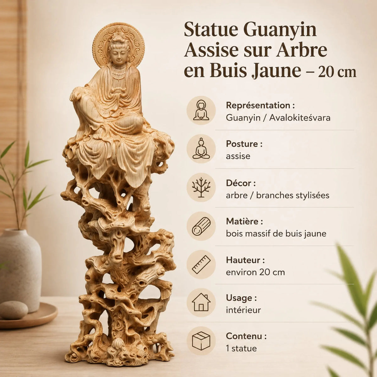 Statue Guanyin Assise sur Arbre en Buis Jaune – 20 cm 200044142 La Maison de Bouddha