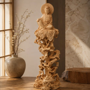 Statue Guanyin Assise sur Arbre en Buis Jaune – 20 cm 200044142 La Maison de Bouddha