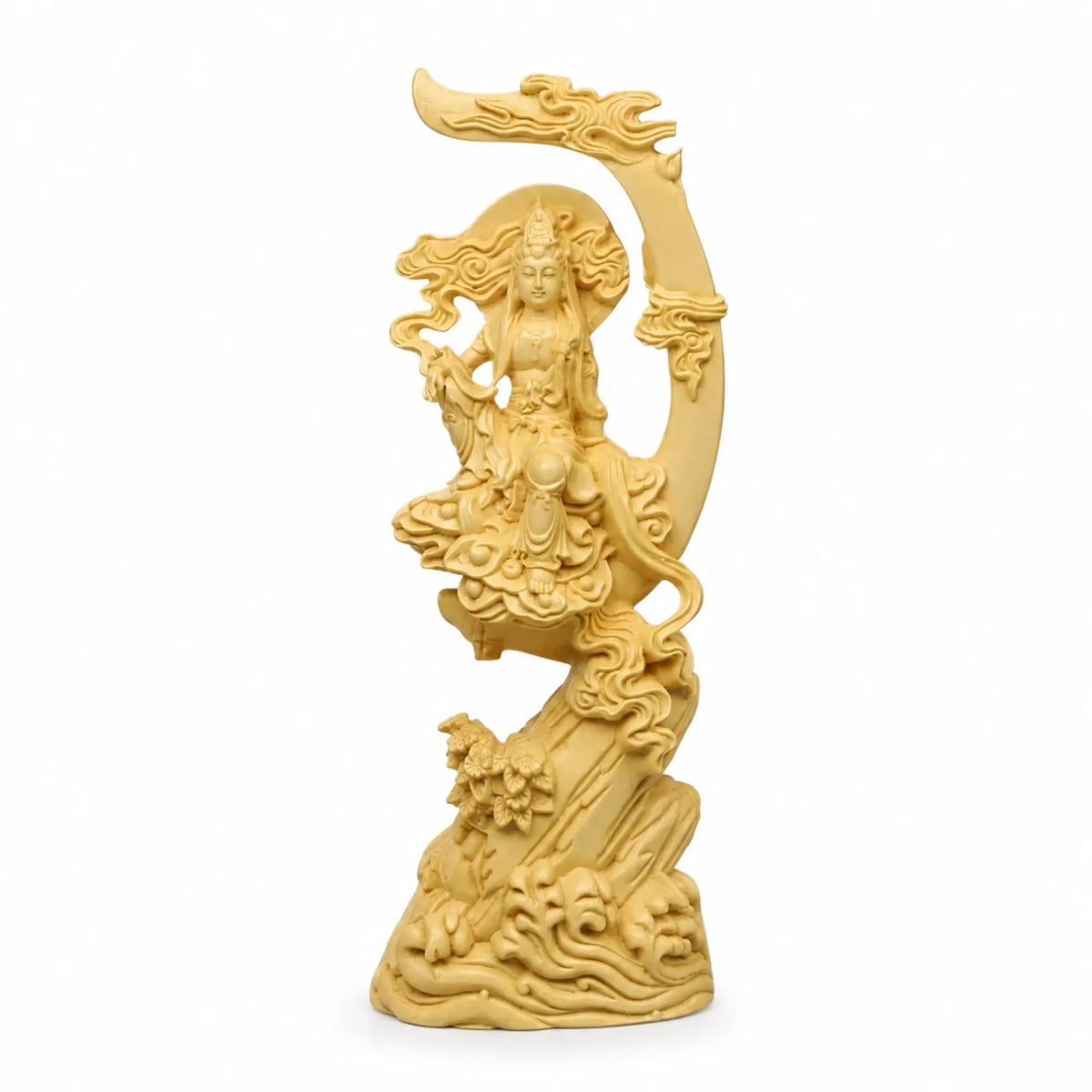 Statue Guanyin Assise sur Branche en Buis Jaune 200044142 La Maison de Bouddha