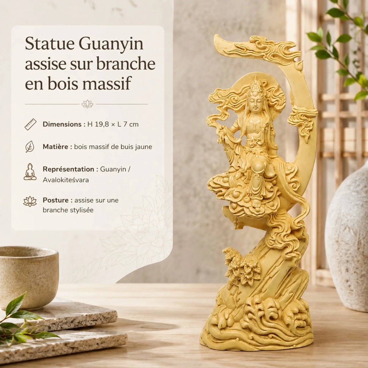 Statue Guanyin Assise sur Branche en Buis Jaune 200044142 La Maison de Bouddha