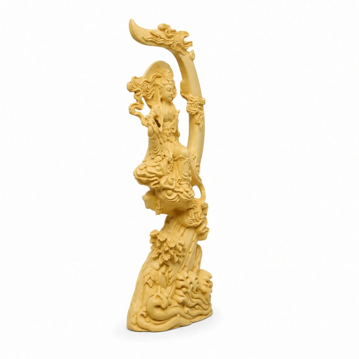 Statue Guanyin Assise sur Branche en Buis Jaune 200044142 La Maison de Bouddha