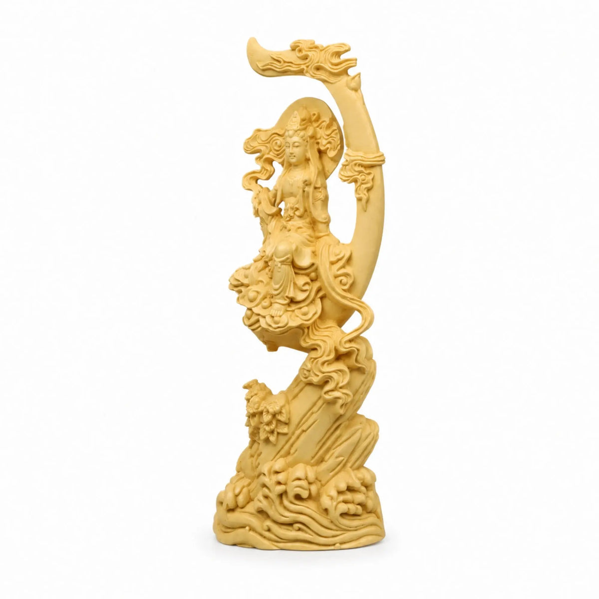 Statue Guanyin Assise sur Branche en Buis Jaune 200044142 La Maison de Bouddha