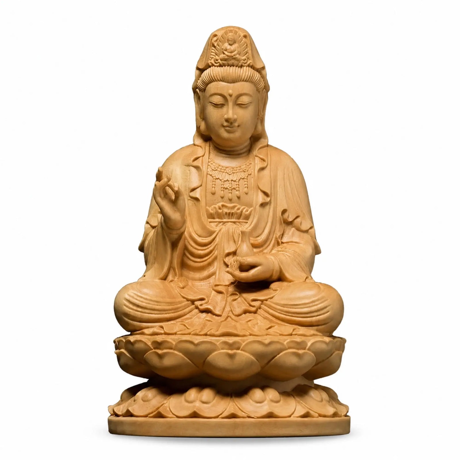Statue Guanyin Assise sur Lotus en Bois de Buis Sculpture en bois Bouddha Guanyin La Maison de Bouddha