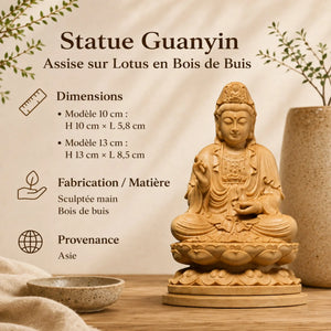 Statue Guanyin Assise sur Lotus en Bois de Buis Sculpture en bois Bouddha Guanyin La Maison de Bouddha